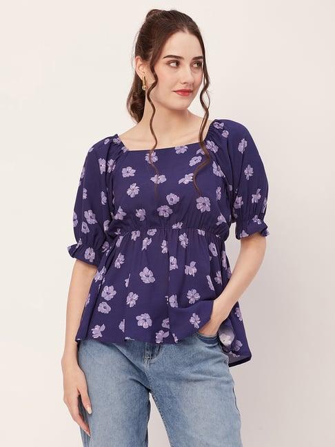 moomaya blue floral print peplum top