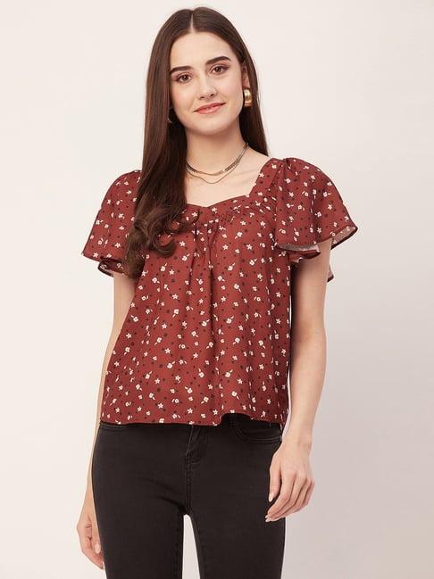 moomaya brown & white floral print top