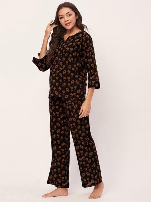 moomaya black & brown cotton floral print top with pyjamas