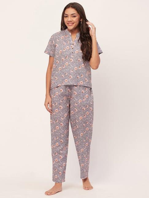 moomaya blue cotton floral print top with pyjamas