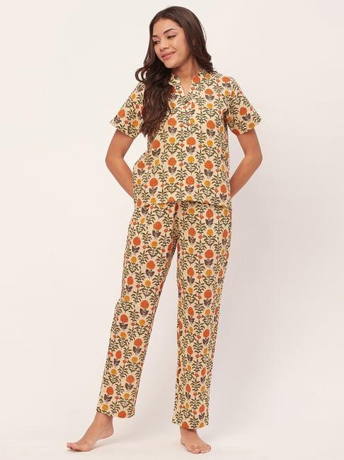 moomaya light yellow cotton floral print top with pyjamas