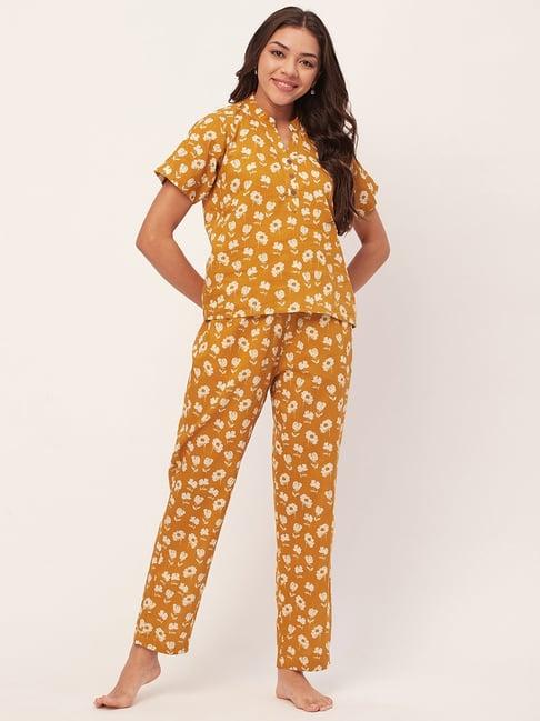 moomaya mustard cotton floral print top with pyjamas