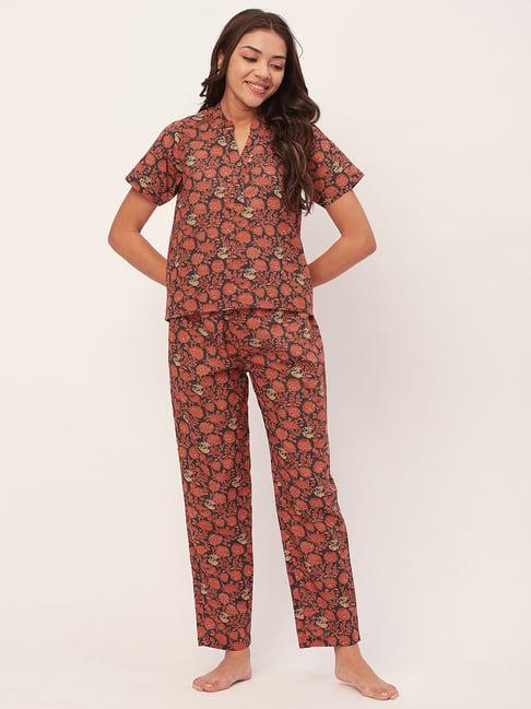 moomaya navy & rust cotton floral print top with pyjamas