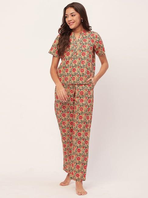 moomaya peach cotton floral print top with pyjamas