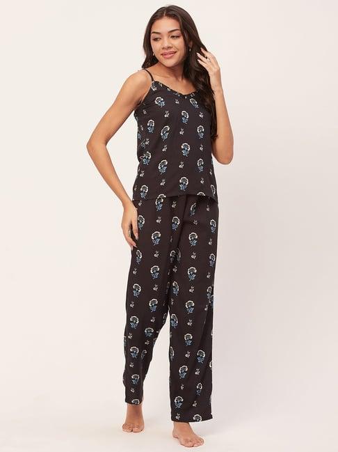 moomaya black floral print top with pyjamas