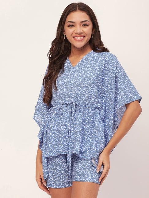 moomaya blue floral print kaftan top with shorts