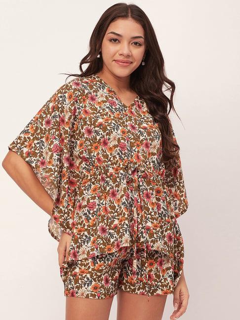 moomaya multicolor floral print kaftan top with shorts