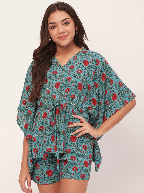 moomaya green floral print kaftan top with shorts