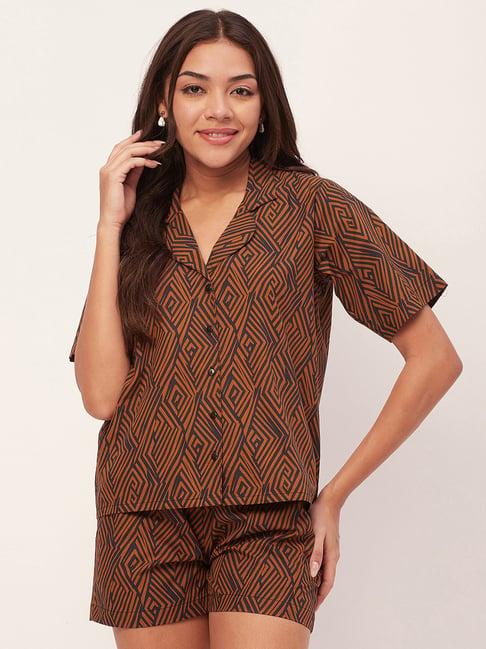 moomaya brown cotton printed shirt with shorts