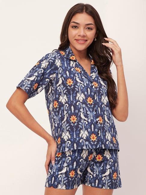 moomaya navy cotton floral print shirt with shorts