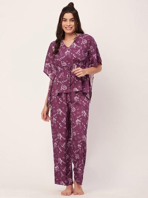 moomaya purple floral print kaftan top with pyjamas