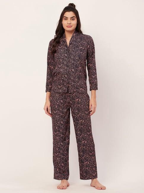 moomaya navy satin floral print shirt with pyjamas