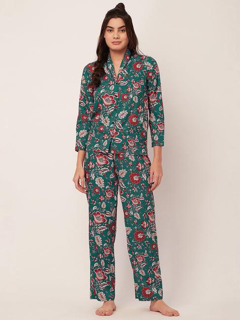 moomaya teal green satin floral print shirt with pyjamas