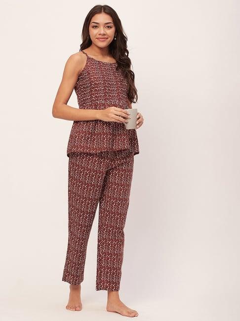 moomaya brown cotton printed top with pyjamas