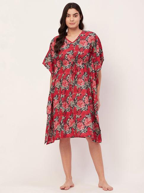 moomaya blue & red cotton floral print kaftan night dress