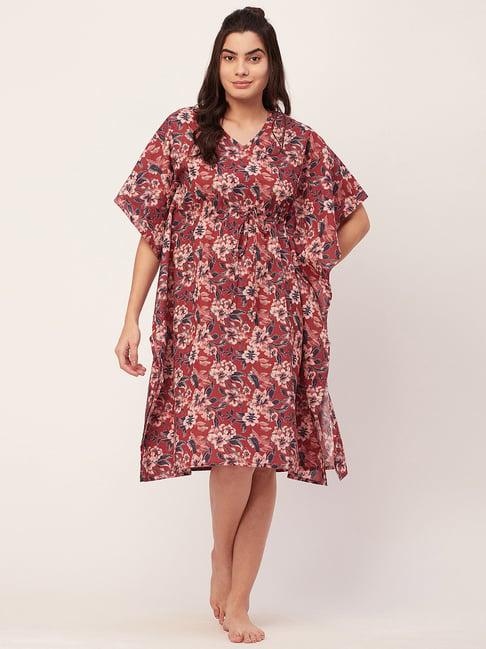 moomaya brown cotton floral print kaftan night dress