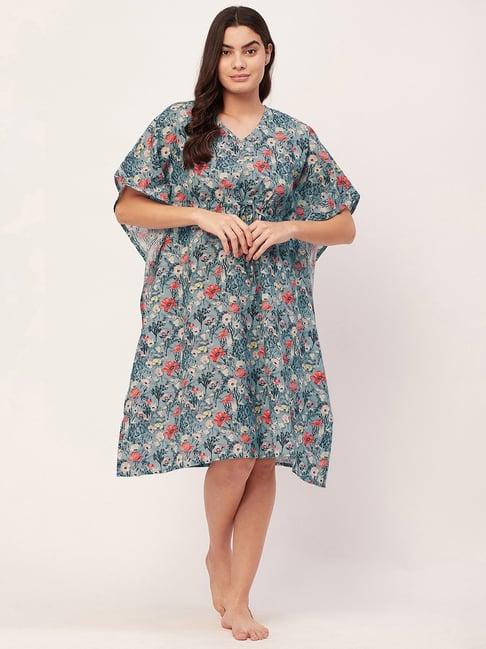 moomaya blue cotton floral print kaftan night dress