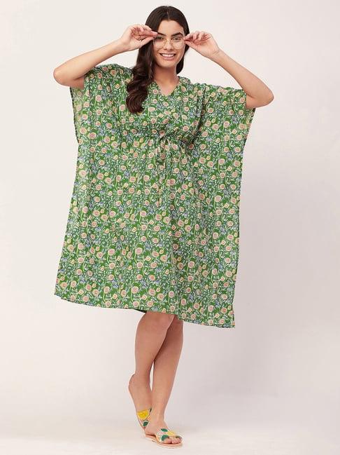 moomaya green cotton floral print kaftan night dress