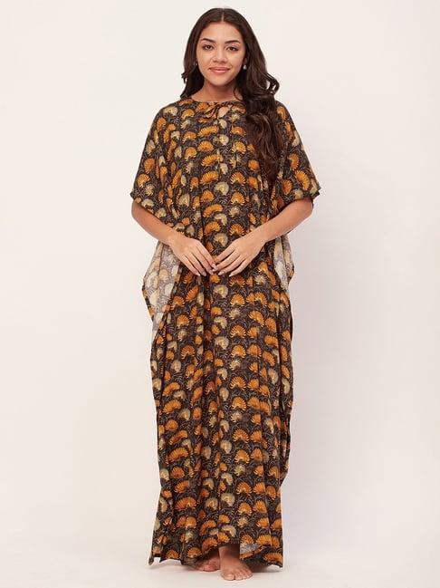 moomaya black & mustard floral print kaftan nighty