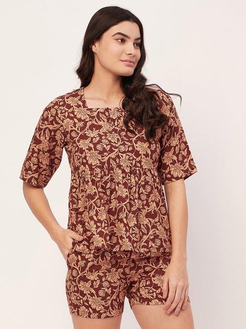 moomaya brown floral print top with shorts