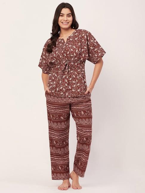 moomaya brown cotton floral print top with pyjamas