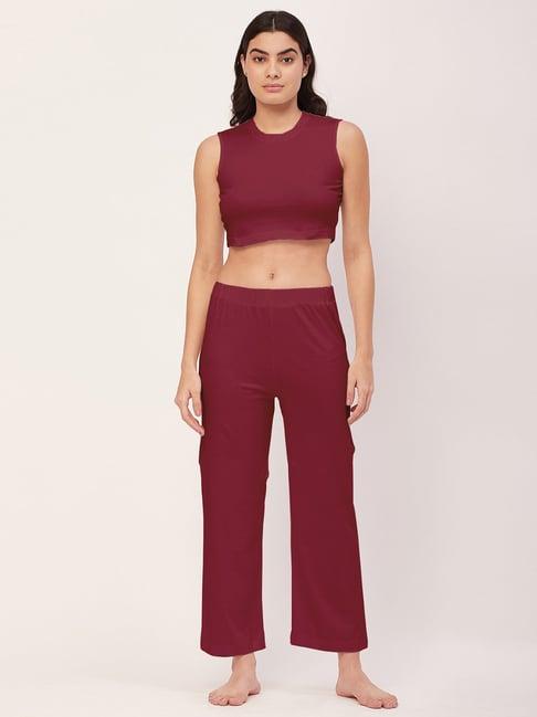 moomaya maroon cotton crop top with pyjamas