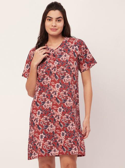 moomaya brown cotton floral print night dress