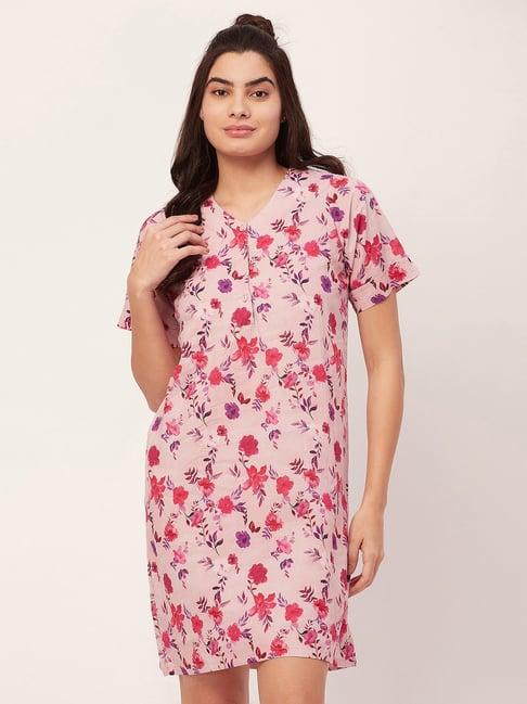 moomaya pink cotton floral print night dress