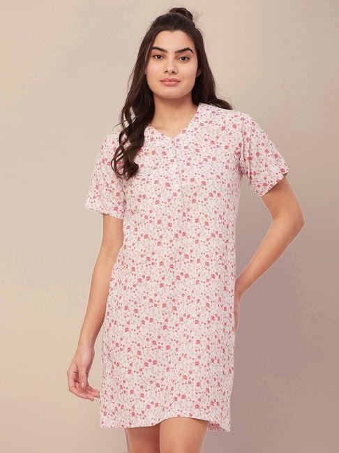 moomaya white & pink cotton floral print night dress