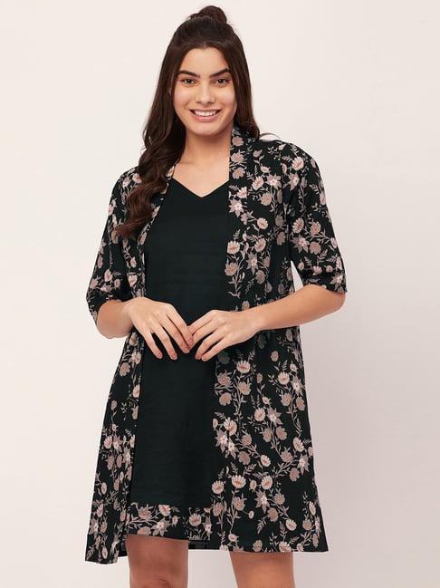 moomaya black cotton floral print night dress with shrug