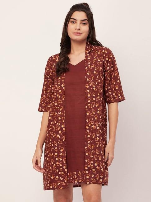 moomaya brown cotton floral print night dress with shrug