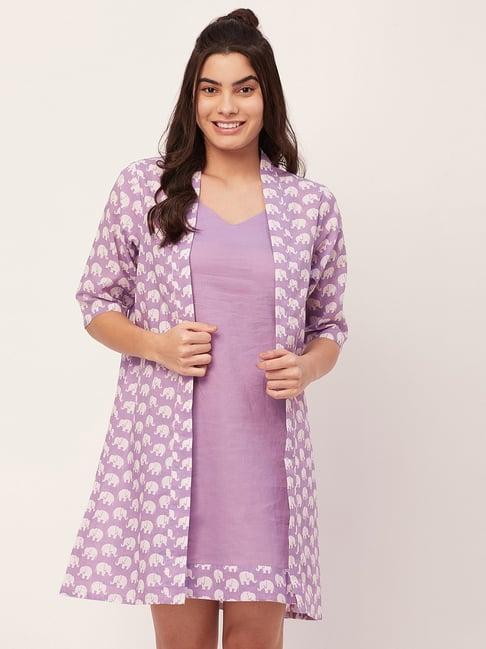 moomaya lavender cotton printed night dress with shrug