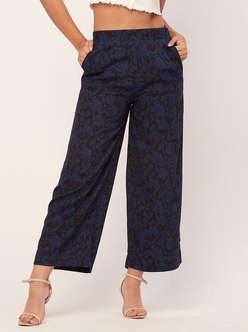 moomaya black & blue floral print mid rise culottes