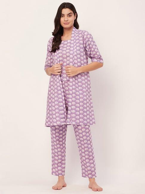 moomaya lavender cotton printed top with pyjamas & shrug