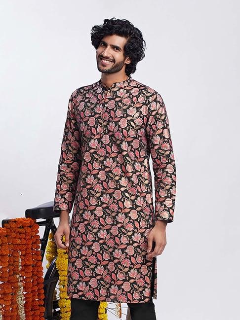 kisah black regular fit floral print kurta