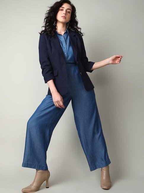 vero moda blue tencel straight fit high rise pants