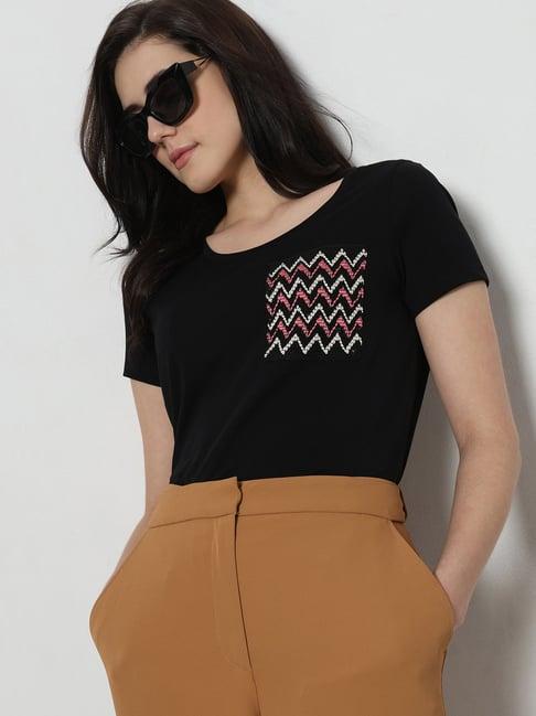 vero moda black cotton embroidered t-shirt