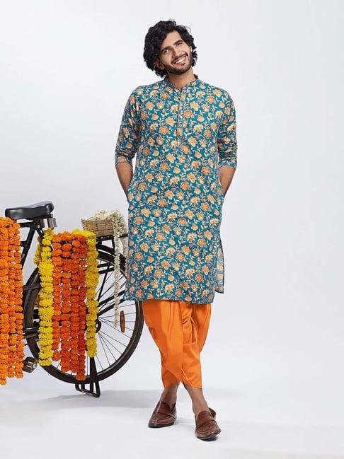 kisah blue & peach regular fit floral print kurta & dhoti set