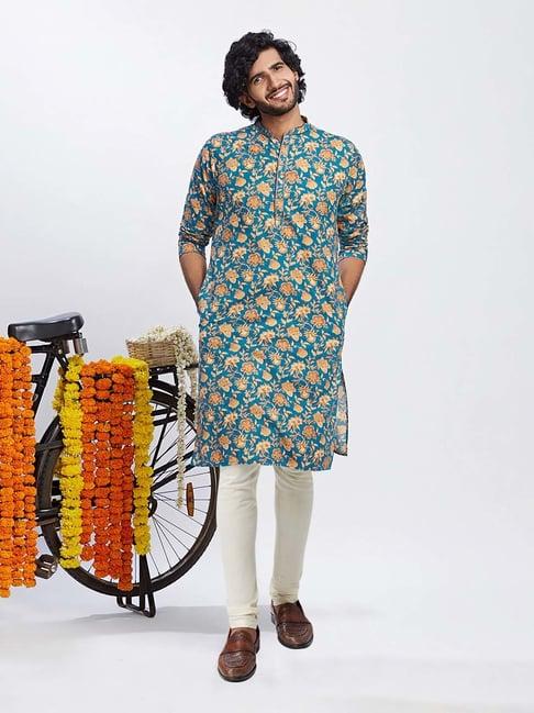 kisah blue & cream regular fit floral print kurta & churidar set