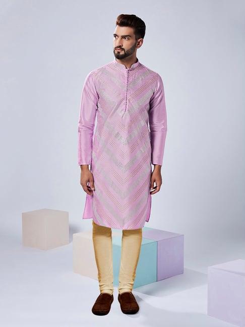 kisah lavender & beige regular fit embellished kurta & churidar set