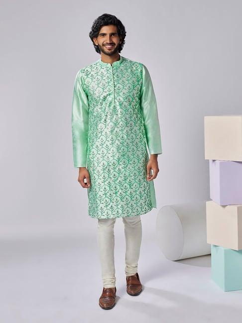 kisah sea green & cream regular fit embroidered kurta & churidar set