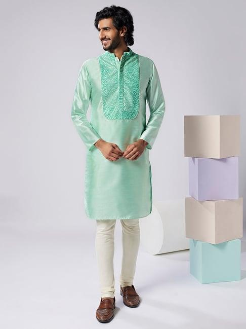 kisah sea green & cream regular fit embroidered kurta & churidar set