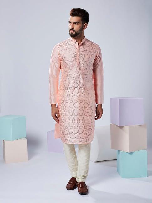 kisah pink & off white regular fit embellished kurta & pants set