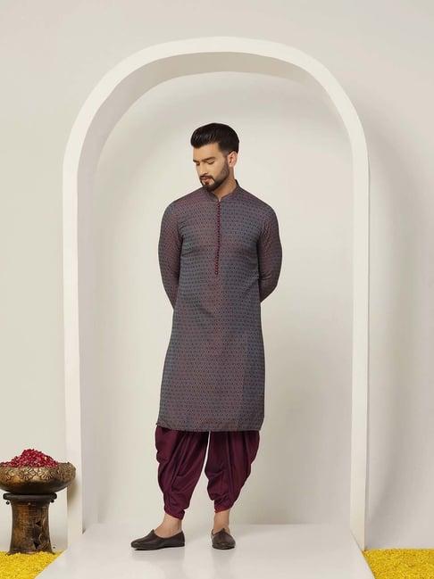 kisah slate blue & wine regular fit self design kurta & dhoti set