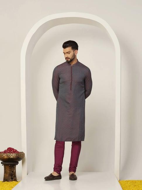 kisah slate blue & wine regular fit self design kurta & churidar set