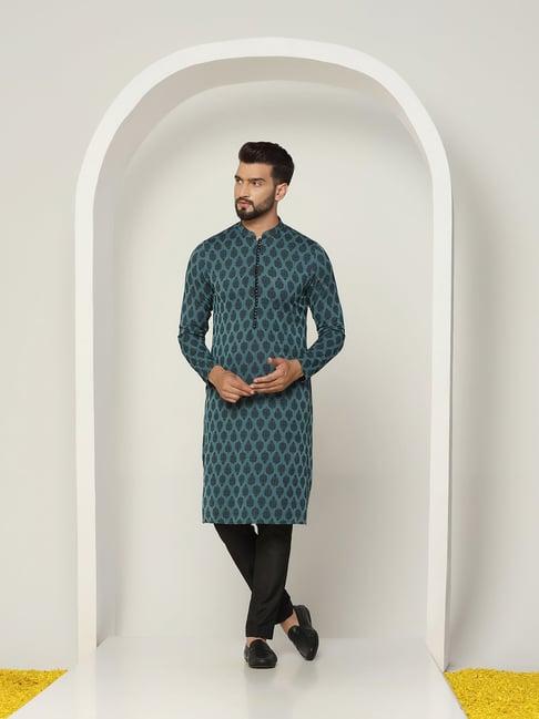 kisah blue & black regular fit self design kurta & pants set