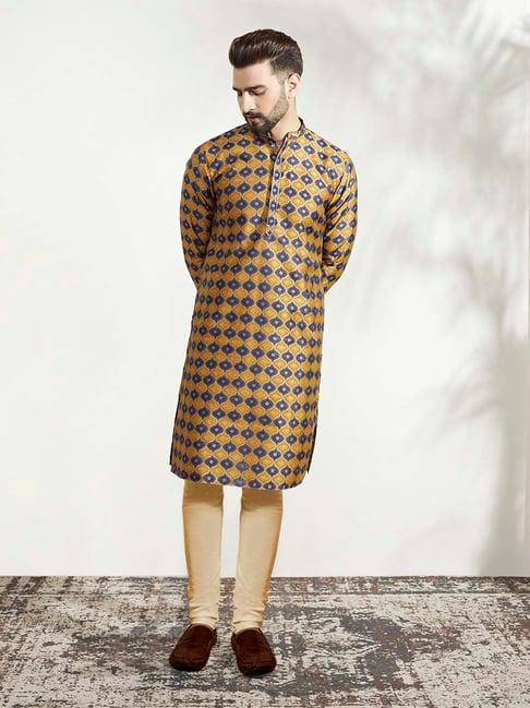 kisah mustard & beige regular fit self design kurta & churidar set