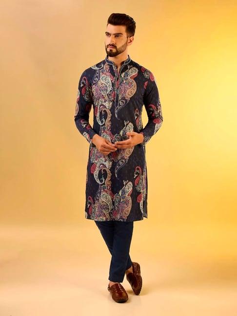 kisah navy regular fit paisley print kurta & pants set