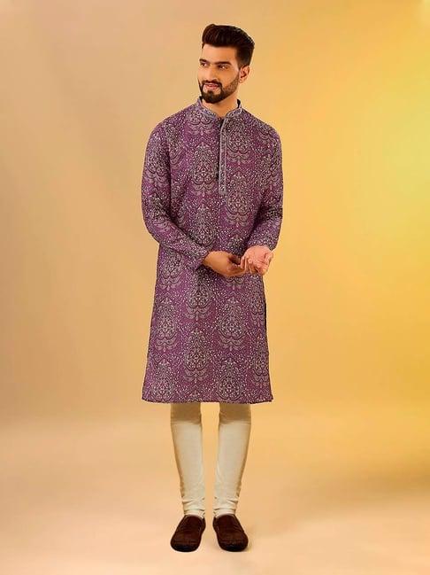 kisah light purple & beige regular fit printed kurta & churidar set