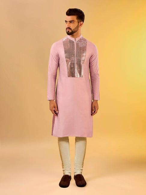 kisah pink & beige regular fit embellished kurta & churidar set